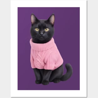 Black cat wearing pink sweater Posters and Art